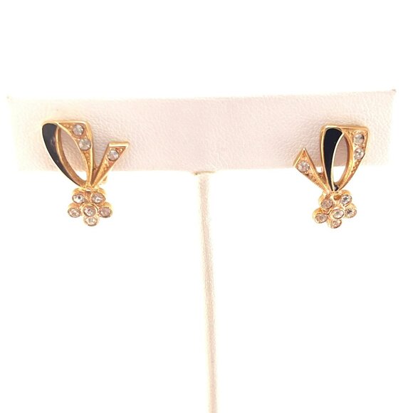 Petite Screw Back Earrings Circa 1950 Black Enamel Gold Tone Metal - Picture 2 of 9